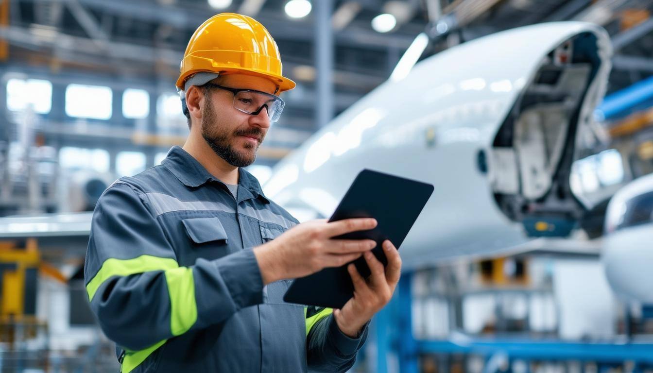worker using electronic tablet in aerospace factory