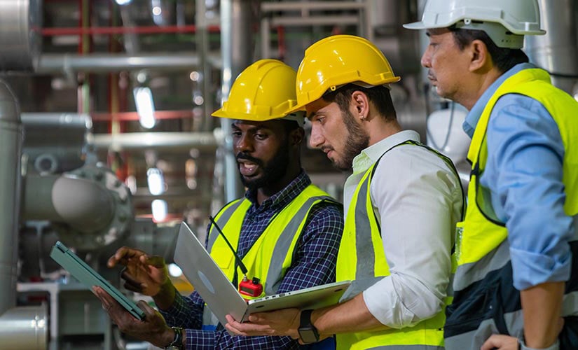 Three men in a factory looking at a laptop using MRP software. QT9 MRP
