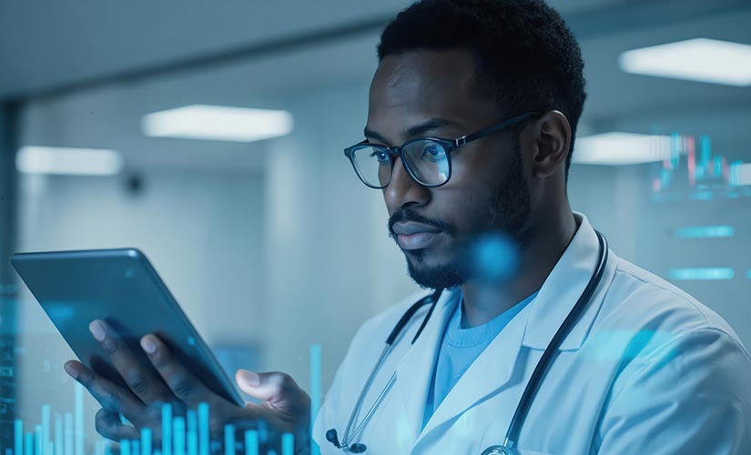 Man in lab coat uses tablet underscoring the importance of QMS software for the medical device industry.