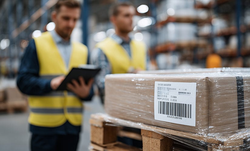 Warehouse worker holding tablet to track inventory marked with barcode. Using ERP software to track and trace products through their lifecycle.