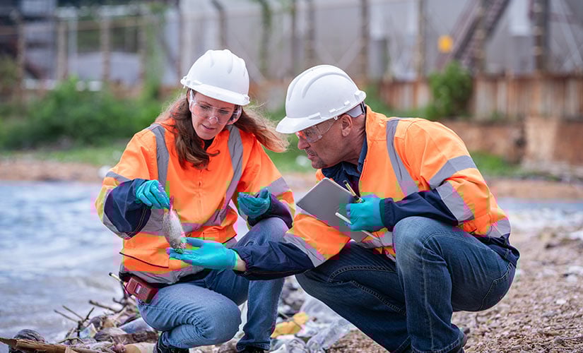 ISO 14001: 2026 formally published, helping organizations manage environmental responsibilities. Man and woman in hard hats and safety vests kneel at water's edge to  examine the effects of pollution on fish.