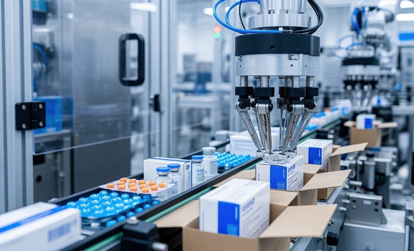 An automated manufacturing facility packages medicines in boxes on a conveyor belt, underscoring the need for pharmaceutical supply chain management.