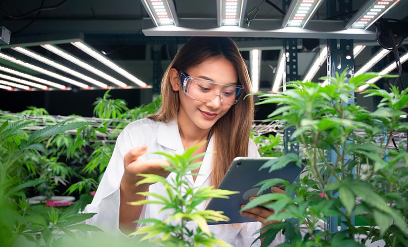 Female lab tech examining cannabis extract and recording quality via her tablet, foreground of cannabis plants.