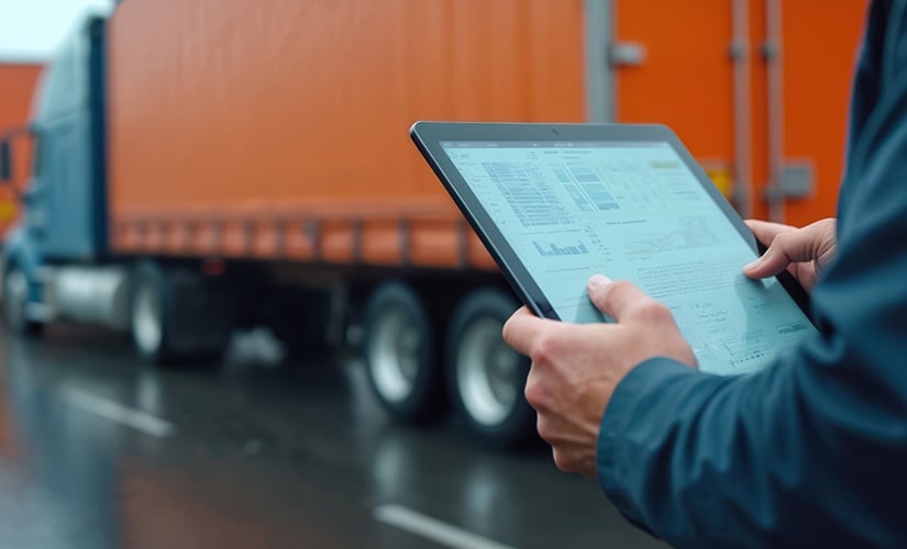 Hand holding a tablet with ERP supply chain management software. Standing before line of orange semi trucks.