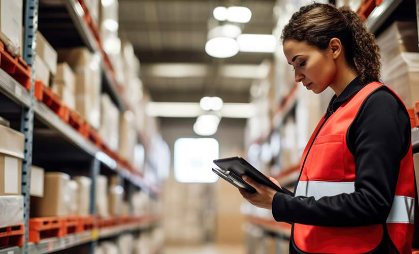 Woman consulting tablet in a stock room or warehouse. QT9 MRP Software