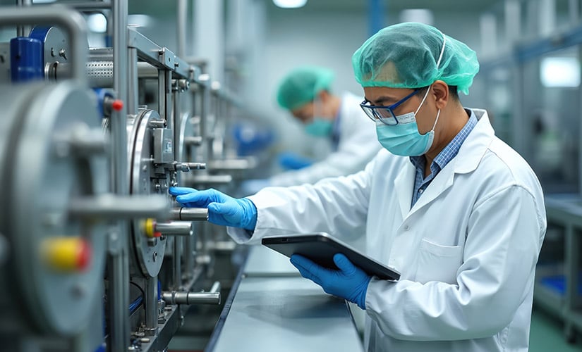 Man with lab coat, plastic gloves, mask and hair covering checks quality of chemicals in lab, looking at his ERP software with integrated QMS.