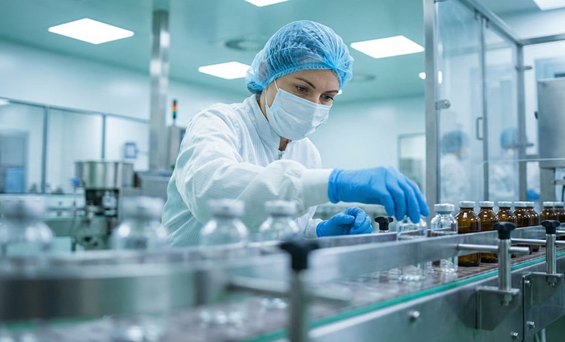 Woman in sterile clothing working on pharmaceutical production line with bottles representing how to choose pharmaceutical compliance software.