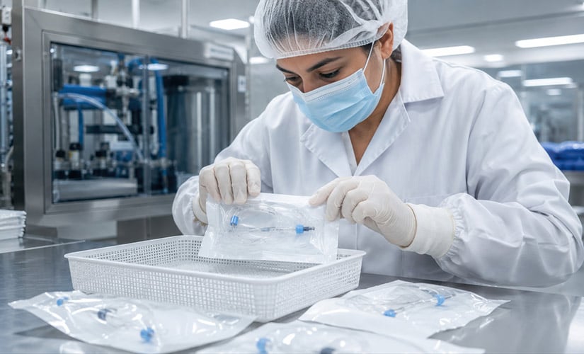 Gloved worker seals medical device pack during sterile barrier inspection and ISO 13485 compliant medical device production.