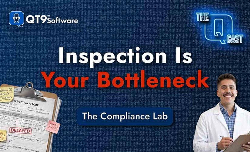 Blue background with man in lab coat and inspection clipboard representing podcast topic: When Inspection is Your Bottleneck. How to avoid a quality inspection overload.