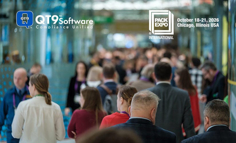 Crowd of people walk through trade show aisle, with QT9 Software and Pack Expo International logos.
