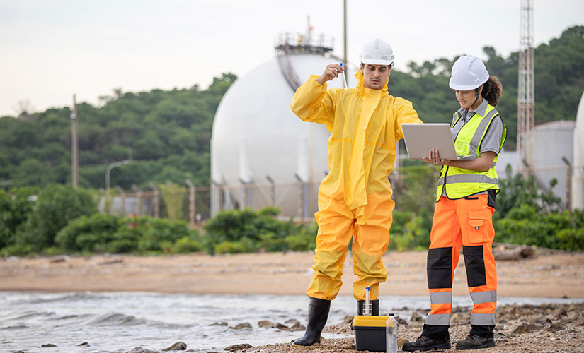 Two people stand in industrial site measuring pollutants, reflecting the need for companies to be prepared for changes to international environmental management guidelines coming with ISO 14001:2026.