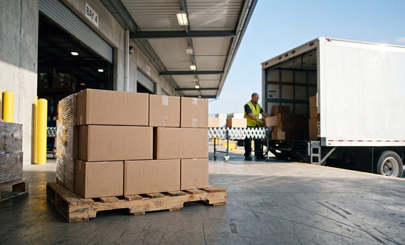 Pallet with boxes and person unloading a delivery truck in the background, illustrating how manufacturers can use ERP software to forecast supply chain needs.